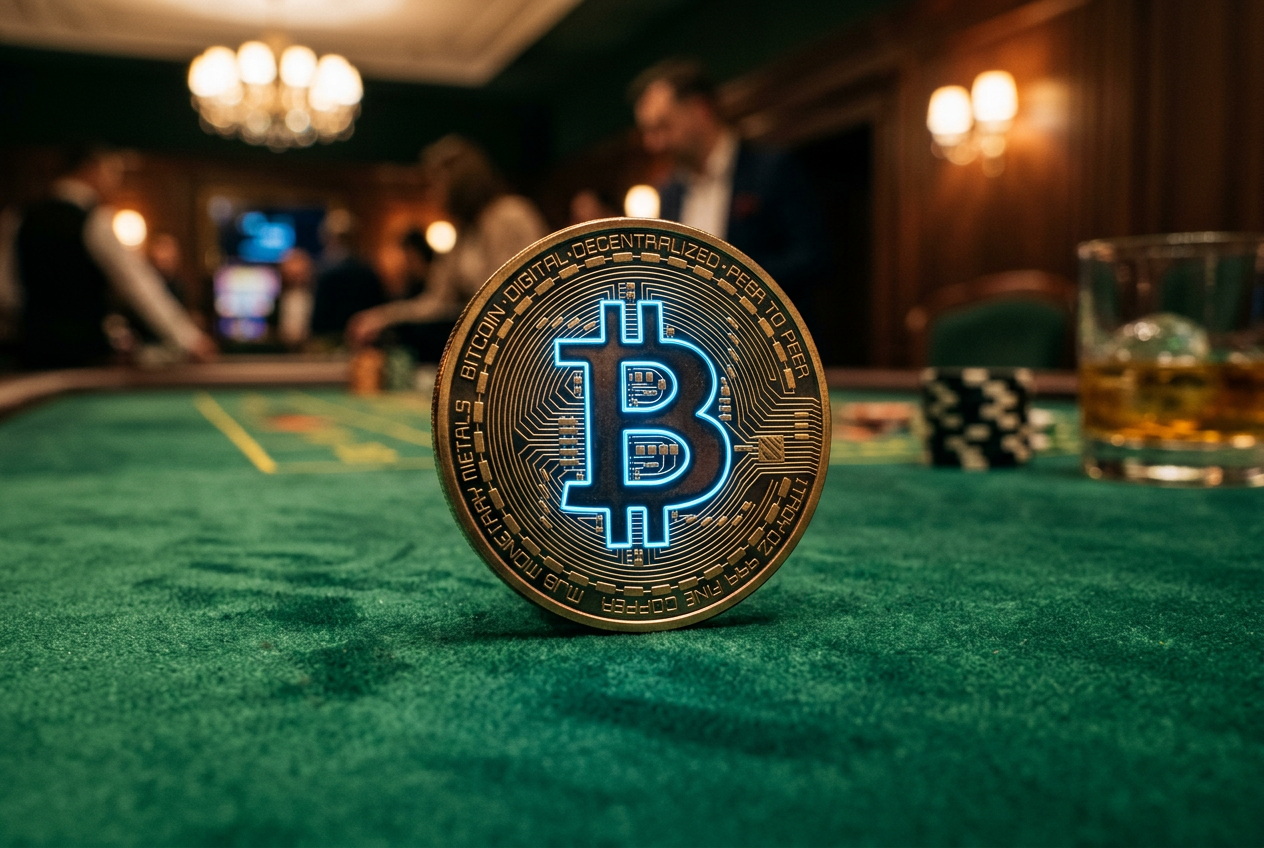 Zbliżenie na monetę Bitcoin na luksusowym zielonym suknie kasynowym z neonowym oświetleniem
