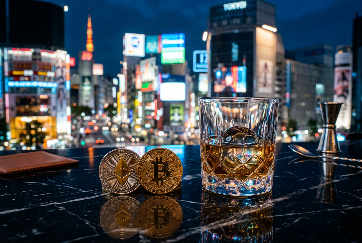 Holograficzne symbole Bitcoin, Ethereum i Tether na czarnym marmurowym tle z luksusowymi żetonami