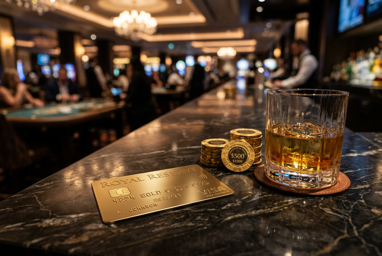 Ekskluzywna złota karta płatnicza na ciemnym marmurowym barze w kasynie VIP obok szklanki whisky