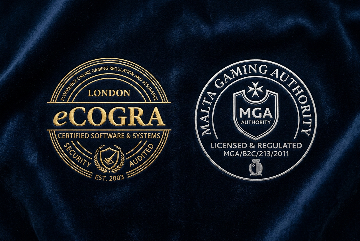 Logotypy certyfikatów bezpieczeństwa eCOGRA i MGA na eleganckim, ciemnym tle