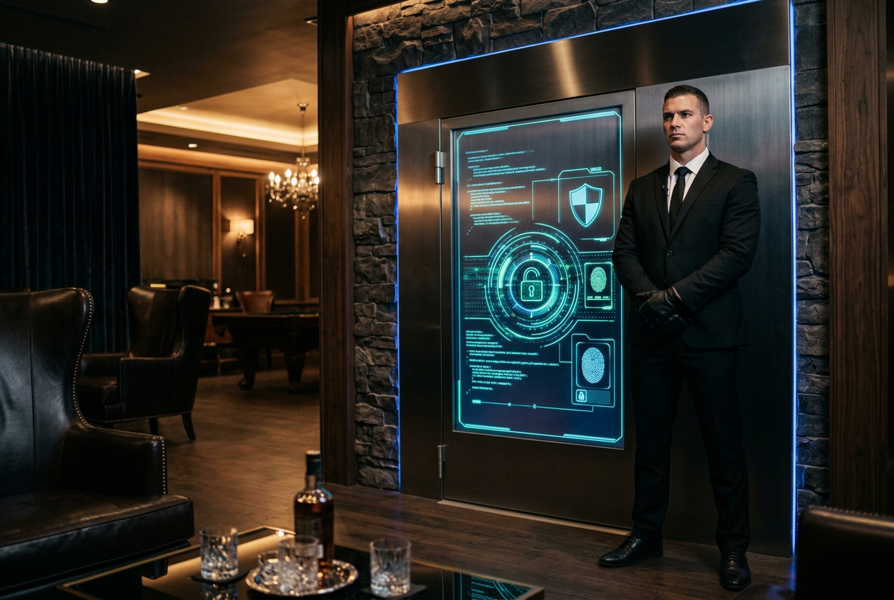 Agent ochrony VIP w garniturze obok nowoczesnego sejfu cyfrowego